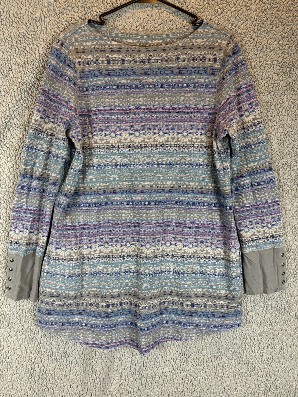 J Jill Long Sleeve Thermal Knit Nordic Stripe Tunic Pockets M Tall Button Sleeve